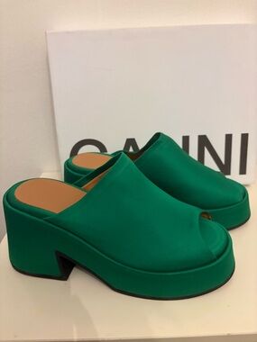 Ganni Green Platform Peep-Toe Mules
